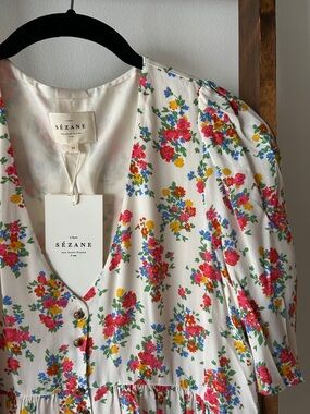 Sezane White Floral Dress with Pink, Red, Yellow & Blue Blooms
